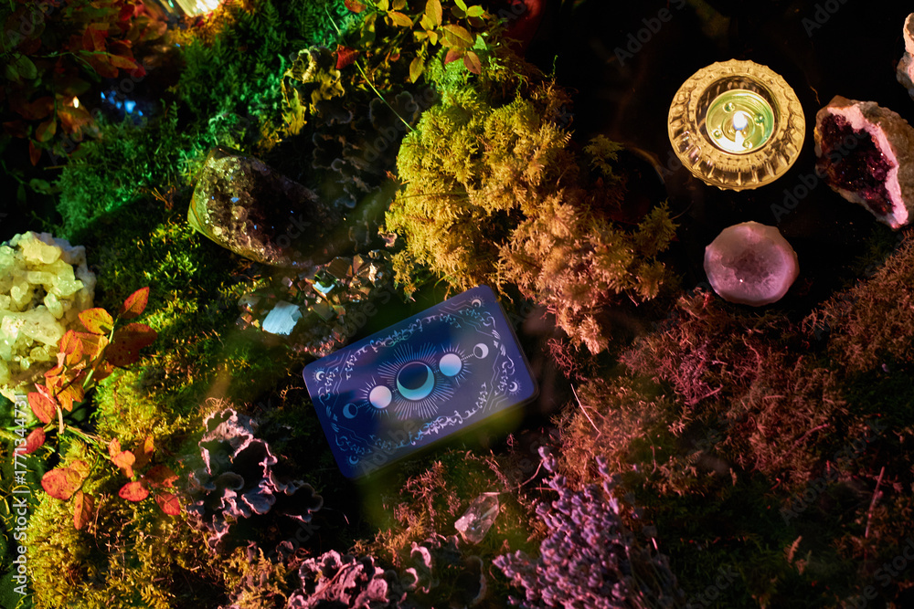 Obraz premium Colorful tarot cards lie on lush moss, surrounded by various crystals and candles in a tranquil forest. scene glows softly as dusk falls, creating a magical atmosphere