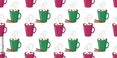 Seamless cocoa cups pattern on white. Flat design with green and pink mugs with marshmallows repeating background. Christmas vector illustration for package, banners, cards