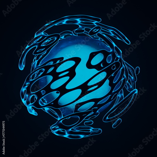 glowing blue sphere surrounded by fluid, wavy outlines creates an abstract design. patterns seem to move, adding depth and dimension to the dark background. 3d render