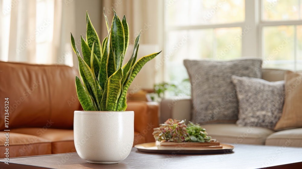 Fototapeta premium A High Resolution image of snake plant in a white pot on a coffee table in a living room.