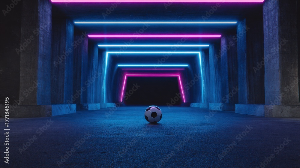 Fototapeta premium A High Resolution image of soccer ball in a futuristic tunnel with neon lights.