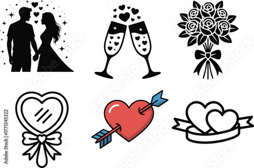 A Collection of Romantic and Wedding Themed Vector Graphics Featuring Hearts Clinking Champagne Glasses a Bouquet of Roses a Mirror and a Couple Silhouetted Holding Hands