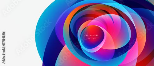 Abstract colorful layers create dynamic circular design. Vibrant hues blend, forming modern background element. Smooth gradients suggest movement.