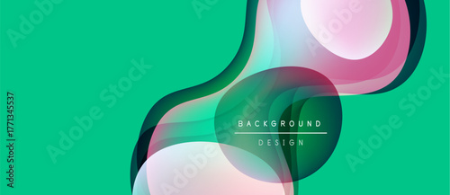 Abstract fluid shapes overlap, creating dynamic composition. Teal background enhances vibrant color palette. Modern design element.