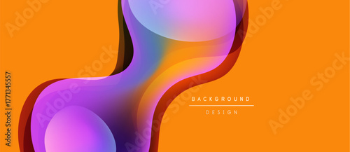 Abstract fluid shapes overlap, creating vibrant color gradients. Orange background complements purple, blue hues. Modern design element.