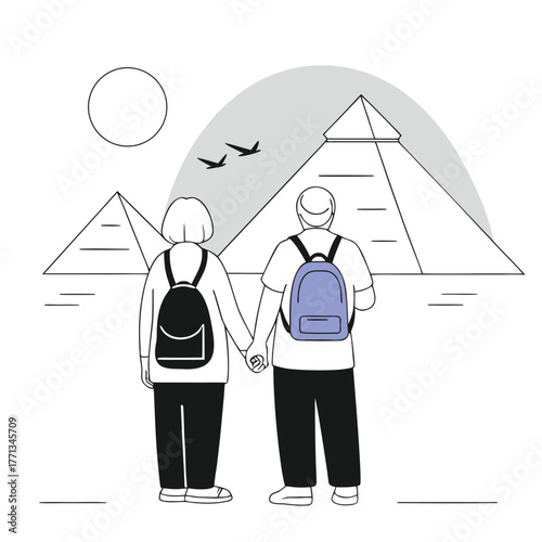 Elderly couple achieving a lifelong dream together vector illustration