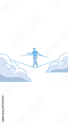 Man balancing on a tightrope between clouds.