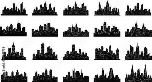 Modern city skyline silhouettes collection, urban architecture landscape, downtown skyscrapers, business cityscape vector design, metropolitan skyline illustration set