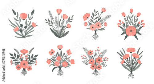 A charming collection of rustic coral and grey floral bouquets, perfect for elegant invitations, decorations, and artistic projects.