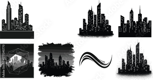City skyline silhouette collection, modern urban buildings, metropolitan night cityscape design, abstract architecture art, black city outlines, vector illustration set