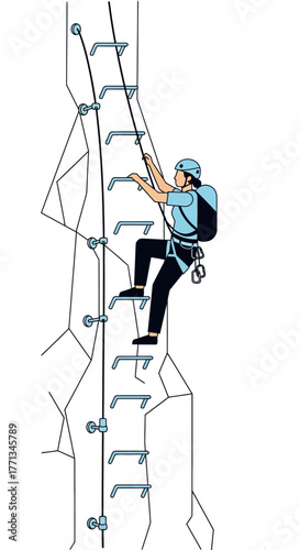 Man climbing a steep rock face using a via ferrata ladder.