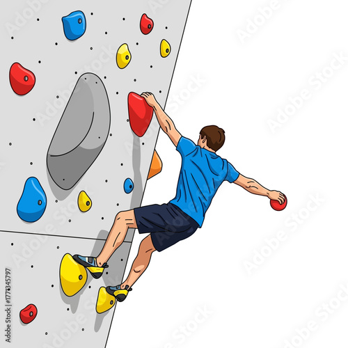Man Climbing Indoor Rock Climbing Wall.
