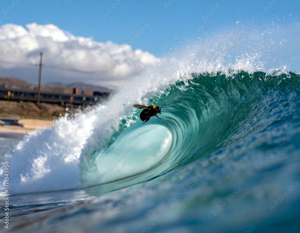 Naklejka premium Flying Insect Inside a Breaking Ocean Wave