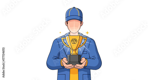 Man in Blue Uniform Holding a Golden Trophy.