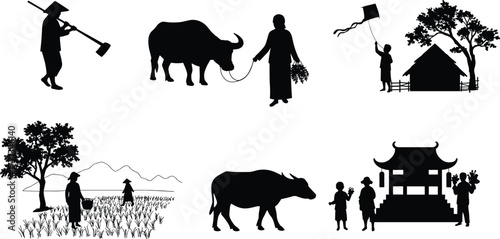 Traditional Asian village life silhouettes with farmers, buffalo, children flying kites, rural house, rice field, and ancient temple illustration