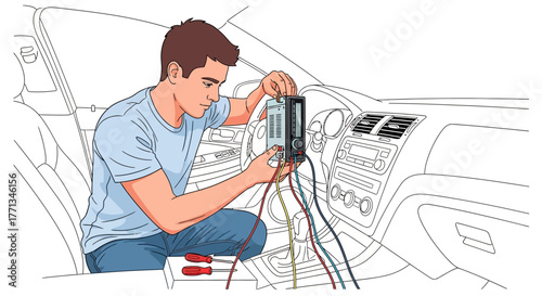 Man installing car stereo system wiring.