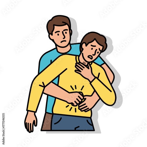Man performing Heimlich maneuver on another man choking.