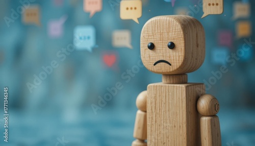 Abstract concept of social bullying and mental health awareness, sad wooden figure isolated from others with chat icons in air