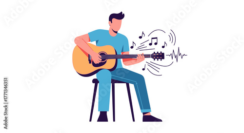 Man Playing Guitar with Musical Notes and Sound Waves.