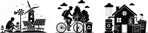 Sustainable lifestyle illustration showing solar energy, wind turbine farming, eco cycling, rainwater harvesting, and composting for green environment concept