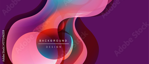 Abstract fluid shapes overlap, creating vibrant color gradients. Purple background enhances dynamic design elements. Modern, stylish presentation.