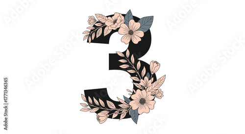 Elegant black number three with floral decoration featuring pink blossoms and blue leaves, isolated on a white background.