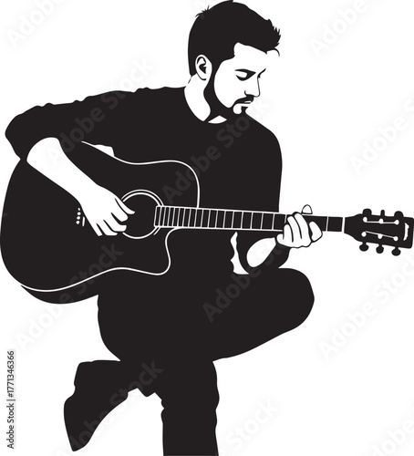 Man Playing Acoustic Guitar Silhouette Vector – Creative Lifestyle and Music Concept, Black Minimalist Illustration on White Background
