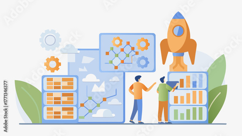 Business professionals collaborating on data analysis and strategy with a rocket ship symbolizing startup growth and innovation