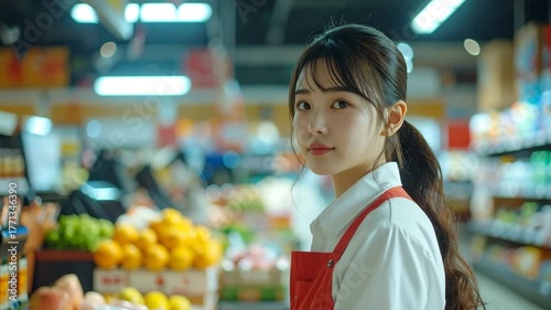 小売店で働く女性、スーパーマーケット