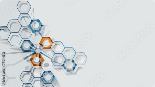 Abstract network of interconnected hexagonal shapes in blue and orange with a clean white background and subtle shadow effects