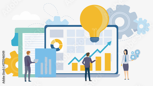 Business professionals collaborating around a laptop displaying financial growth charts and a bright idea lightbulb symbolizing innovation and strategy
