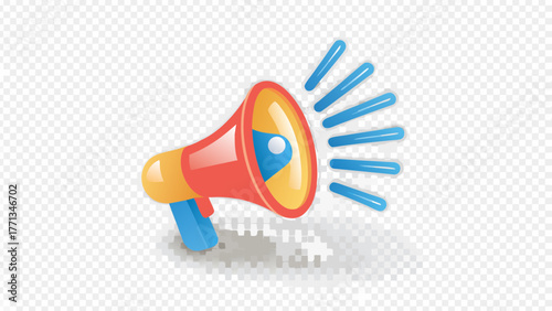 Stylized 3d illustration of a red and yellow megaphone with blue sound waves emanating from its bell symbolizing announcement or promotion