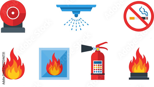 Fire safety icons including a fire alarm, sprinkler, no smoking sign, extinguisher, and flames
