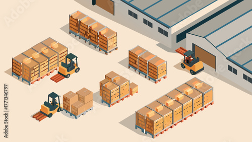 Isometric view of a warehouse exterior with forklifts moving pallets of boxes and crates for logistics and distribution operations