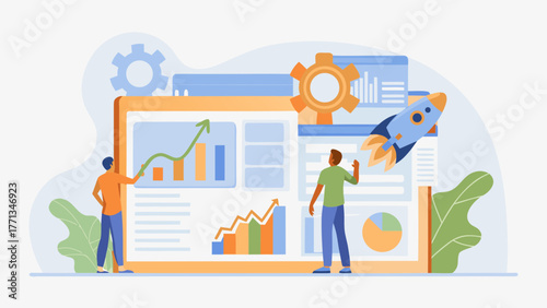 Business professionals analyzing growth charts and a rocket launching symbolizing successful startup and business development strategies