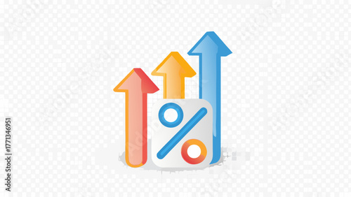 Three colorful upward pointing arrows and a percentage symbol representing financial growth success and positive economic trends