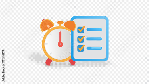 A cartoon alarm clock next to a clipboard with a checklist and completed tasks symbolizing time management and productivity