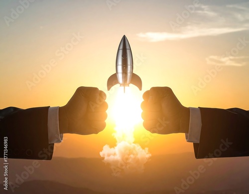 Rocket Launch Success - Businessmen Celebrate Startup Achievement at Sunset.