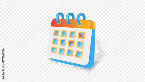 Stylized 3d calendar icon with checkmarks and crosses on squares representing tasks completed and missed appointments