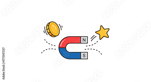 Magnet attracting coins and stars concept.