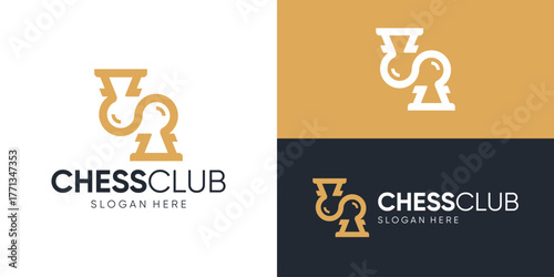 Creative simple chess club logo template. Chess pawn infinity logo design vector illustration.