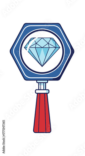 Magnifying glass over a sparkling diamond.