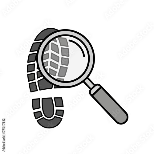 Magnifying glass over footprint forensic investigation concept.