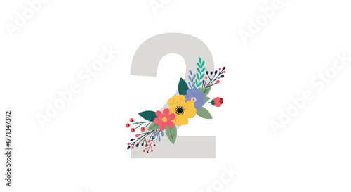 Stylized light gray number two adorned with a vibrant floral bouquet, perfect for celebrations and design elements.