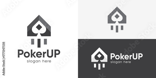 Creative simple poker up logo template. Abstract home arrow up with ace spade symbol for casino startup logo design vector illustration.