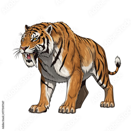Majestic SaberToothed Tiger Roaring with Fierce Expression.