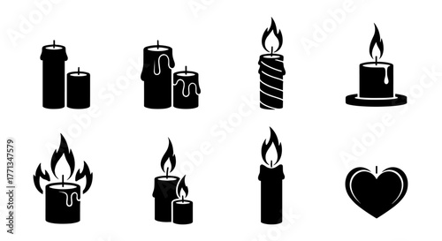 Burning Candles Silhouette Collection: Serene Flame Emitting Light & Warmth for Spiritual Practices, Remembrance, or Festive Celebrations. Black Icons Set for Holiday Décor, Website Design, Grief Supp