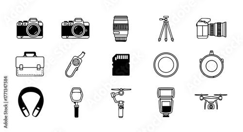 Professional Photography Gear Icons Arrangement: Capturing Moments, Creative Vision, Modern Technology,  Visual Storytelling in Business, Marketing and Media Design.  Equipment for Enthusiasts and Vid
