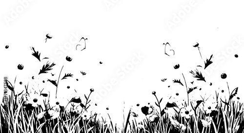 Blooming Meadow Illustration with Butterflies Fluttering in Summer Breeze, Graphic Design Element for Nature-Themed Projects,  Wallpaper, Blog, Invitation, Romantic Artwork, Eco-Friendly Design, Sprin