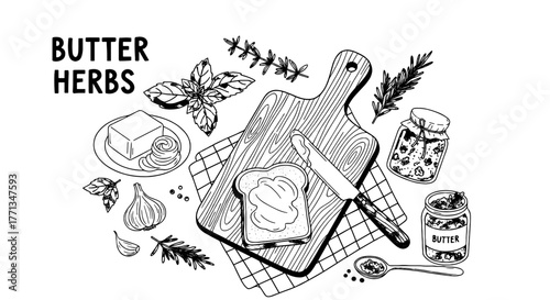Artisan Butter Herb Preparation: Fresh Ingredients on Rustic Wood Cutting Board, Culinary Still Life for Food Blog, Kitchen Illustration, Recipe Concept, Hand-Drawn Style,  Traditional Cooking, Gourme